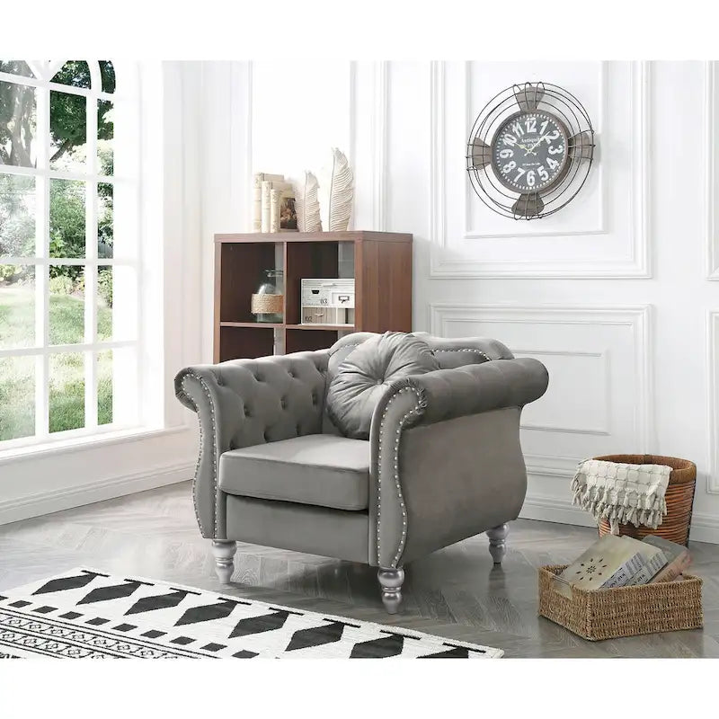 Fauteuil d'appoint capitonné en velours avec coussin rond - 39L x 35W x 34H