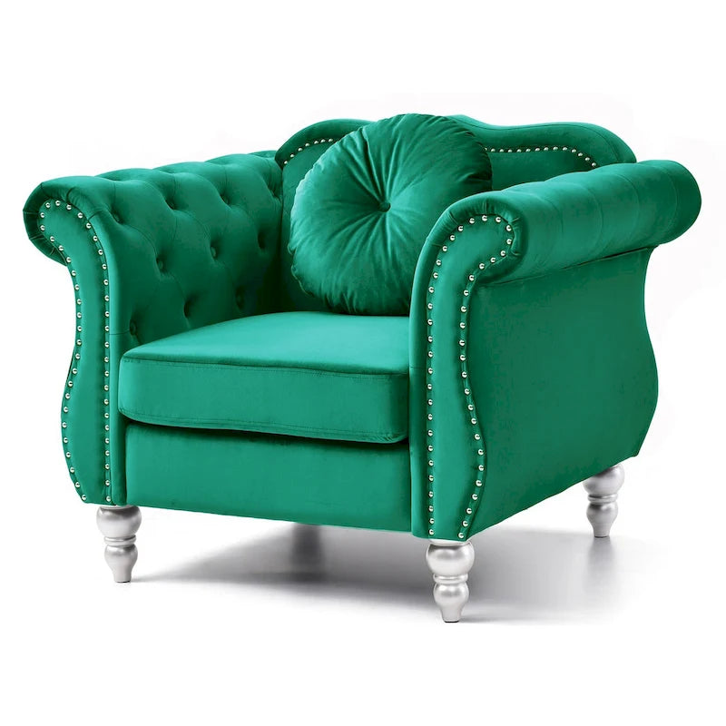 Fauteuil d'appoint capitonné en velours avec coussin rond - 39L x 35W x 34H