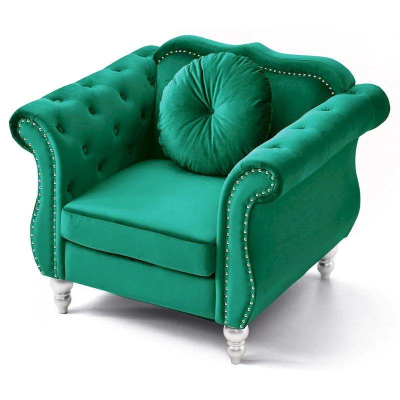 Fauteuil d'appoint capitonné en velours avec coussin rond - 39L x 35W x 34H