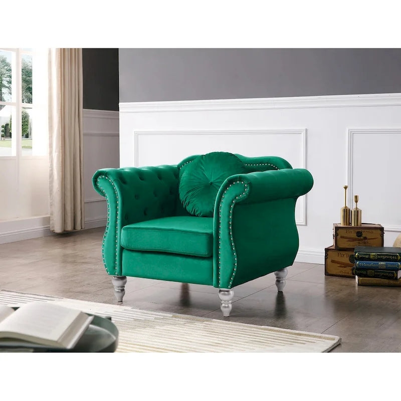 Fauteuil d'appoint capitonné en velours avec coussin rond - 39L x 35W x 34H