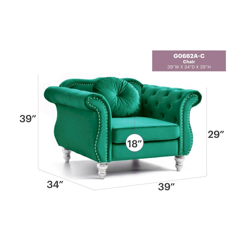 Fauteuil d'appoint capitonné en velours avec coussin rond - 39L x 35W x 34H