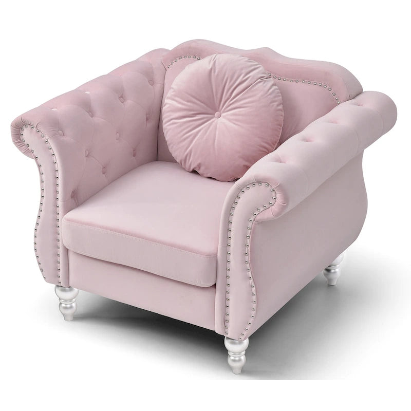 Fauteuil d'appoint capitonné en velours avec coussin rond - 39L x 35W x 34H
