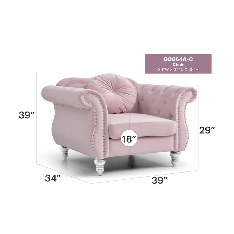 Fauteuil d'appoint capitonné en velours avec coussin rond - 39L x 35W x 34H