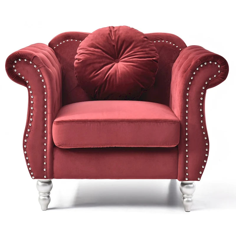 Fauteuil d'appoint capitonné en velours avec coussin rond - 39L x 35W x 34H
