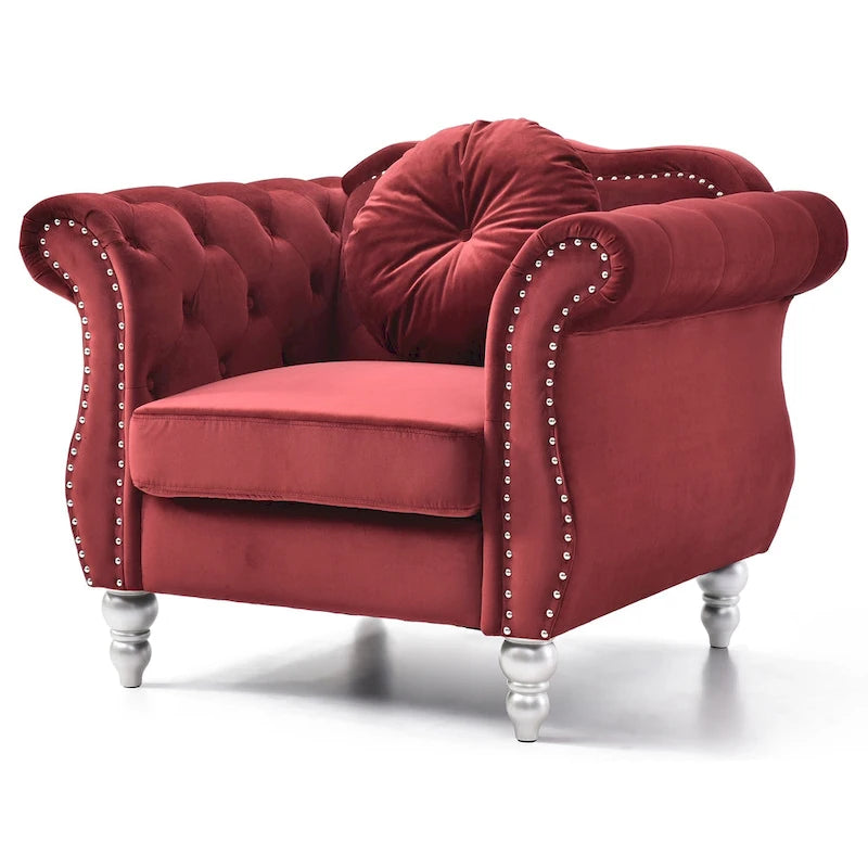 Fauteuil d'appoint capitonné en velours avec coussin rond - 39L x 35W x 34H