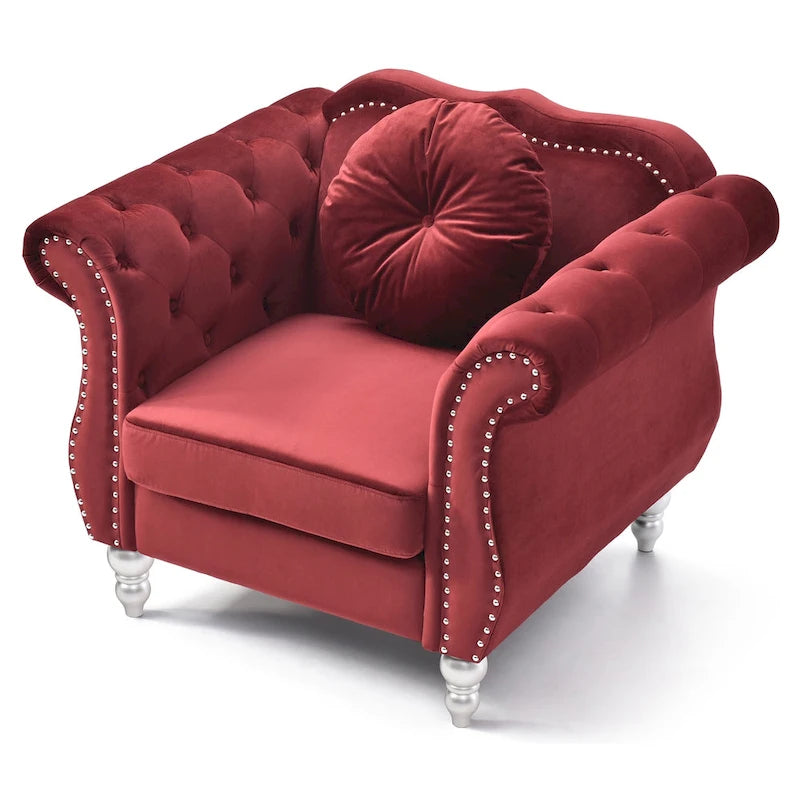 Fauteuil d'appoint capitonné en velours avec coussin rond - 39L x 35W x 34H