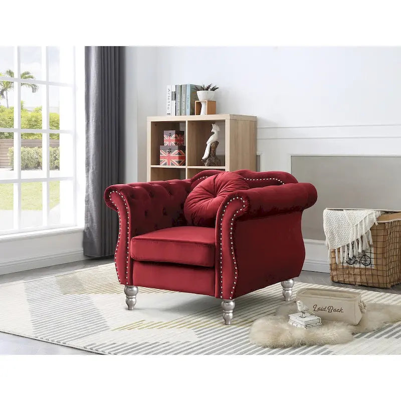 Fauteuil d'appoint capitonné en velours avec coussin rond - 39L x 35W x 34H