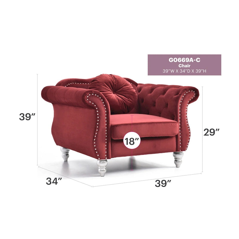 Fauteuil d'appoint capitonné en velours avec coussin rond - 39L x 35W x 34H