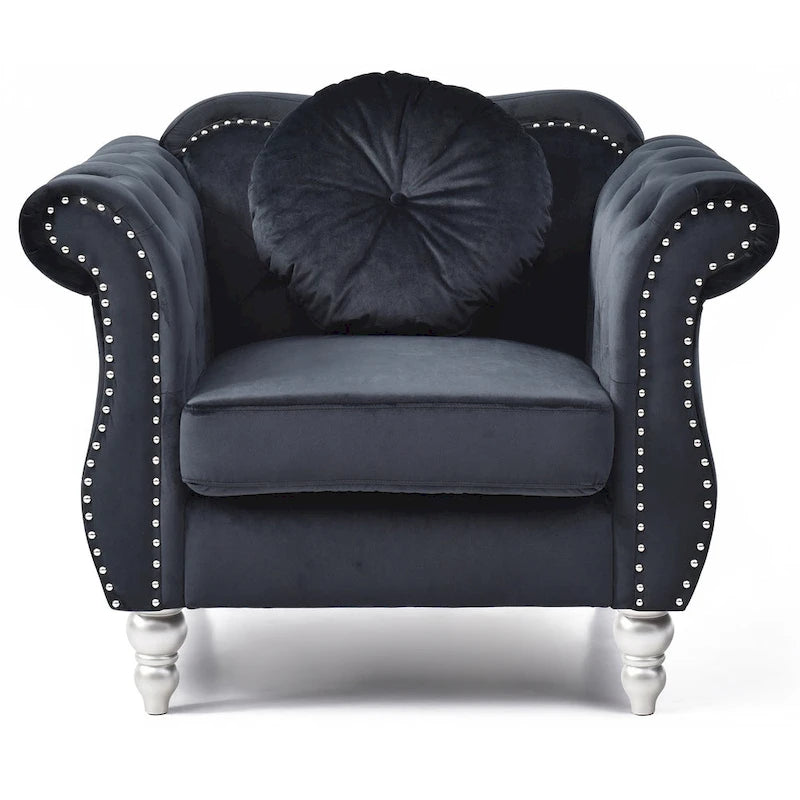 Fauteuil d'appoint capitonné en velours avec coussin rond - 39L x 35W x 34H