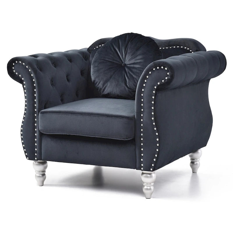 Fauteuil d'appoint capitonné en velours avec coussin rond - 39L x 35W x 34H