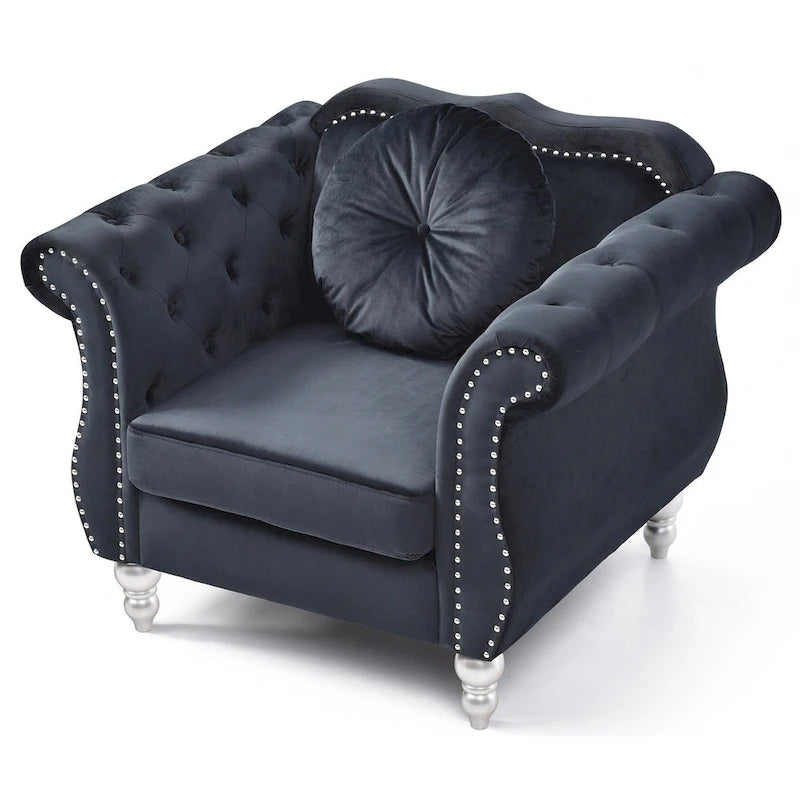 Fauteuil d'appoint capitonné en velours avec coussin rond - 39L x 35W x 34H