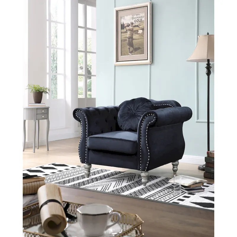 Tufted Velvet Accent Chair with Round Throw Pillow - 39L x 35W x 34H