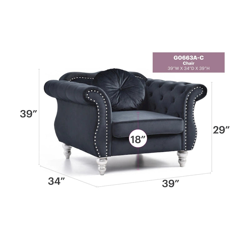 Fauteuil d'appoint capitonné en velours avec coussin rond - 39L x 35W x 34H