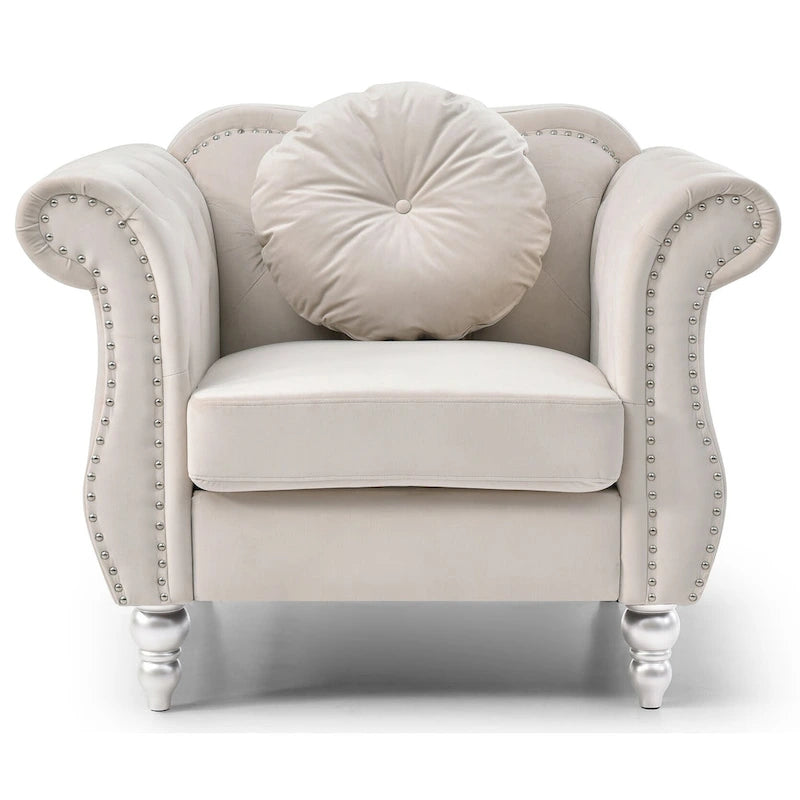 Fauteuil d'appoint capitonné en velours avec coussin rond - 39L x 35W x 34H