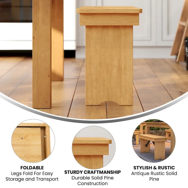 40 x 12 Antique Rustic Solid Pine Folding Farm Bench