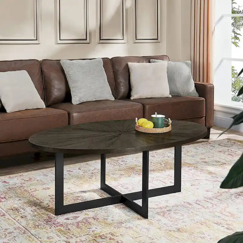Solid Wood Contemporary Oval Coffee Table with Cross Metal Legs