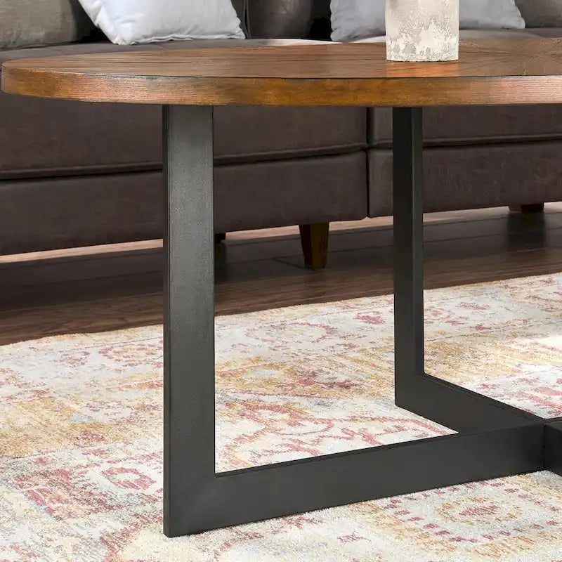 Solid Wood Contemporary Oval Coffee Table with Cross Metal Legs