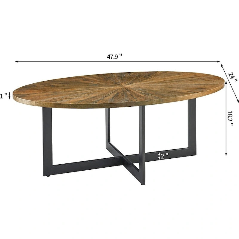 Solid Wood Contemporary Oval Coffee Table with Cross Metal Legs