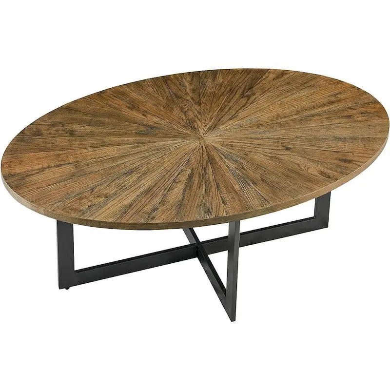 Solid Wood Contemporary Oval Coffee Table with Cross Metal Legs