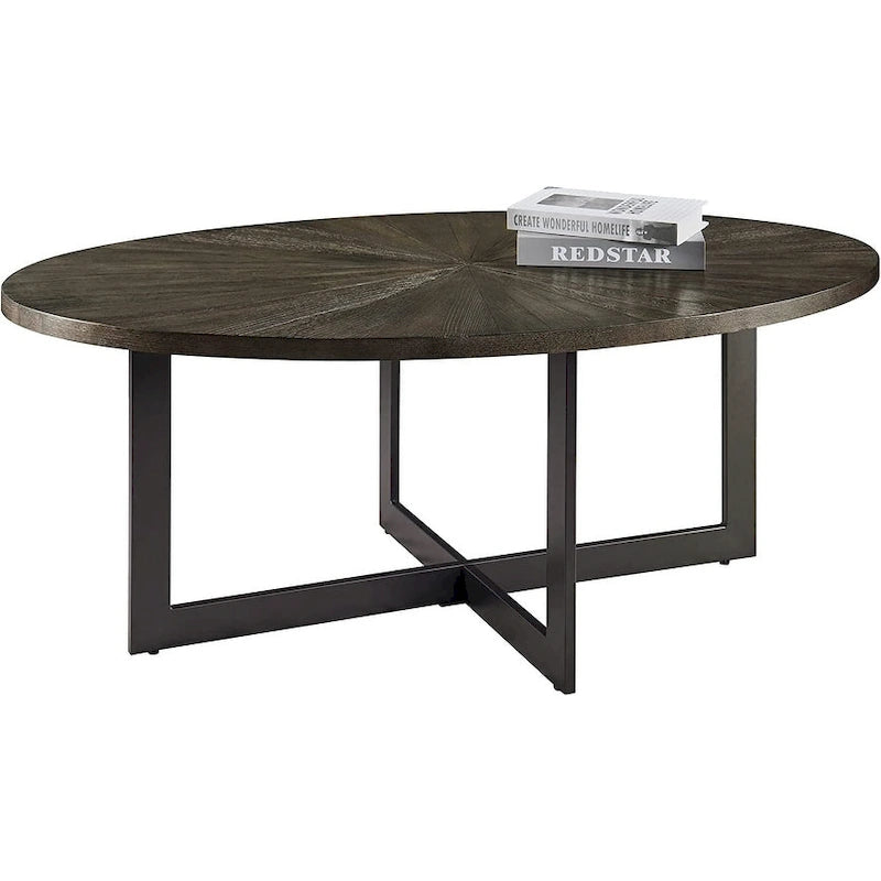 Solid Wood Contemporary Oval Coffee Table with Cross Metal Legs
