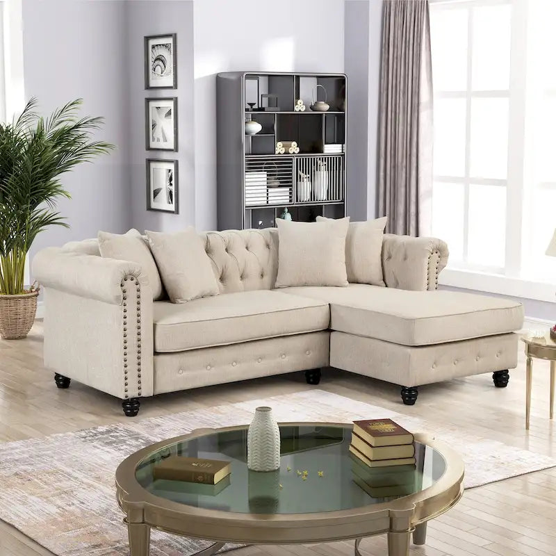 Button-Tufted Sofa Living Room Furniture Couches Linen