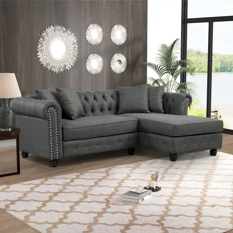 Button-Tufted Sofa Living Room Furniture Couches Linen
