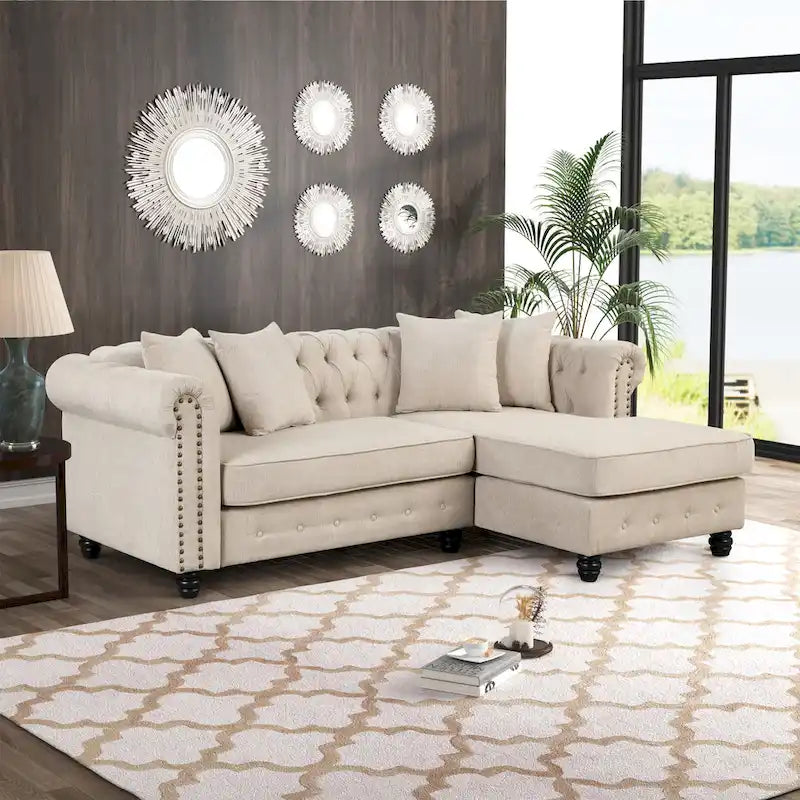 Button-Tufted Sofa Living Room Furniture Couches Linen