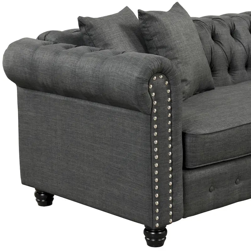 Button-Tufted Sofa Living Room Furniture Couches Linen