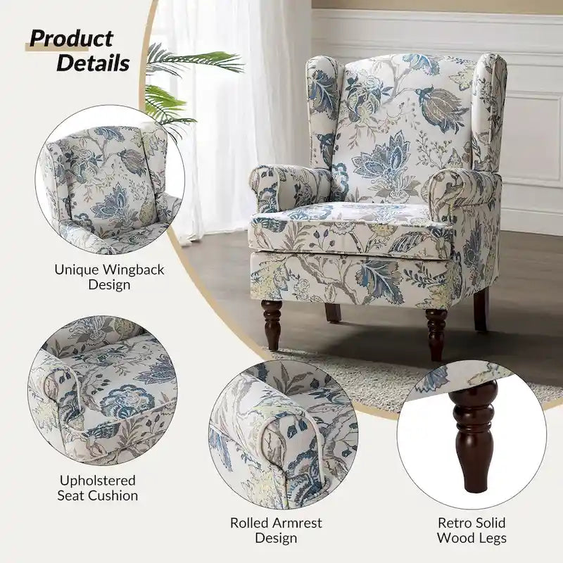 Traditional Fabric Accent Wingback Armchair with Turned Legs