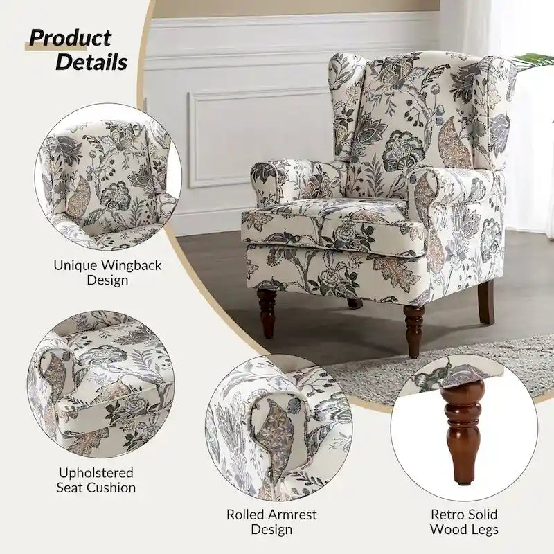 Traditional Fabric Accent Wingback Armchair with Turned Legs