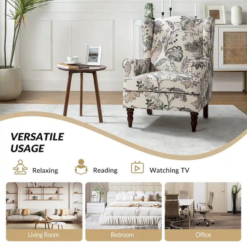 Traditional Fabric Accent Wingback Armchair with Turned Legs