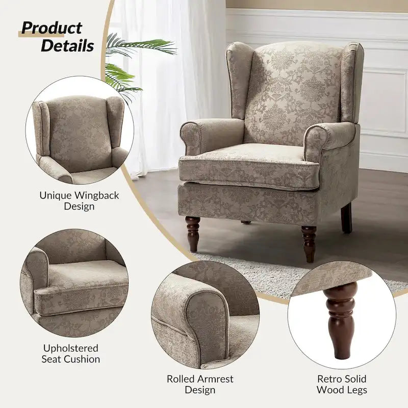 Traditional Fabric Accent Wingback Armchair with Turned Legs