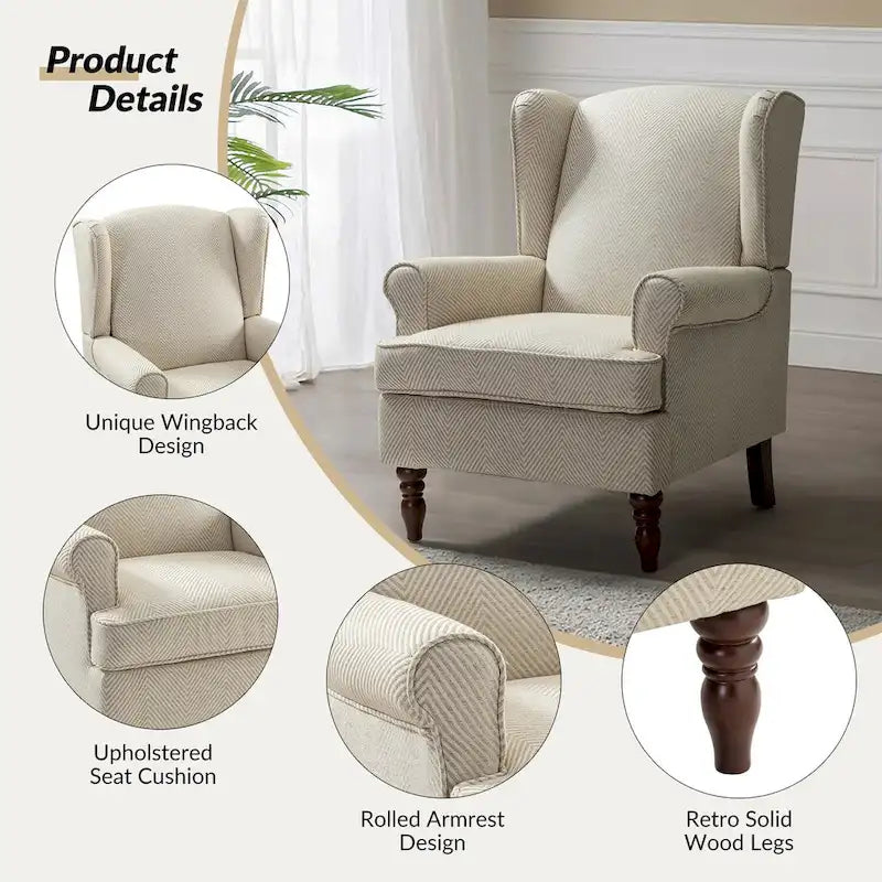 Traditional Fabric Accent Wingback Armchair with Turned Legs