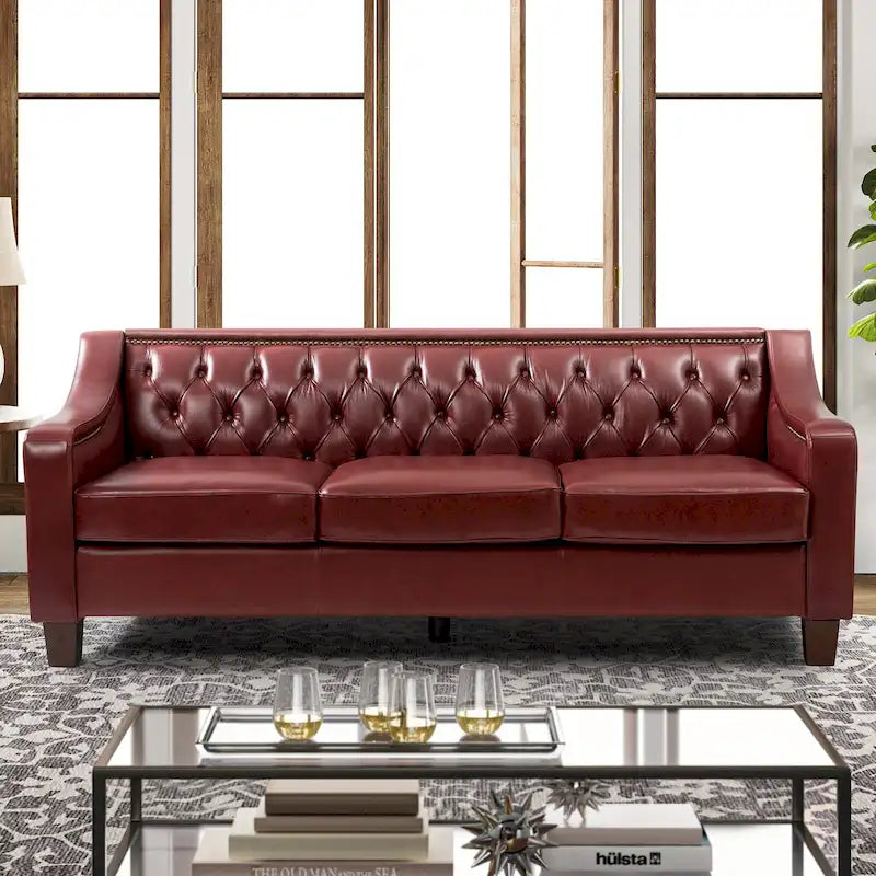 82.28" Wide Transitional Genuine Leather Sofa with Nailhead Trim and Button-Tufted Back