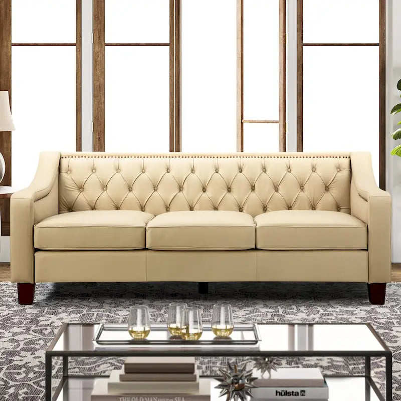 82.28" Wide Transitional Genuine Leather Sofa with Nailhead Trim and Button-Tufted Back
