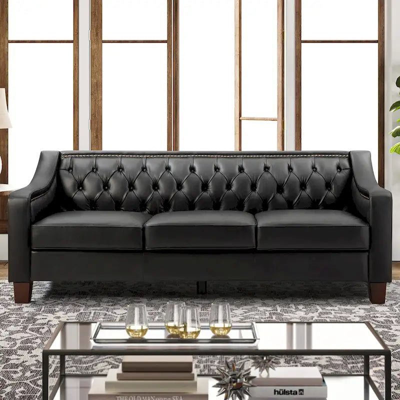 82.28" Wide Transitional Genuine Leather Sofa with Nailhead Trim and Button-Tufted Back