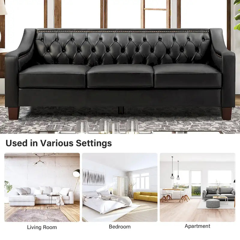 82.28" Wide Transitional Genuine Leather Sofa with Nailhead Trim and Button-Tufted Back