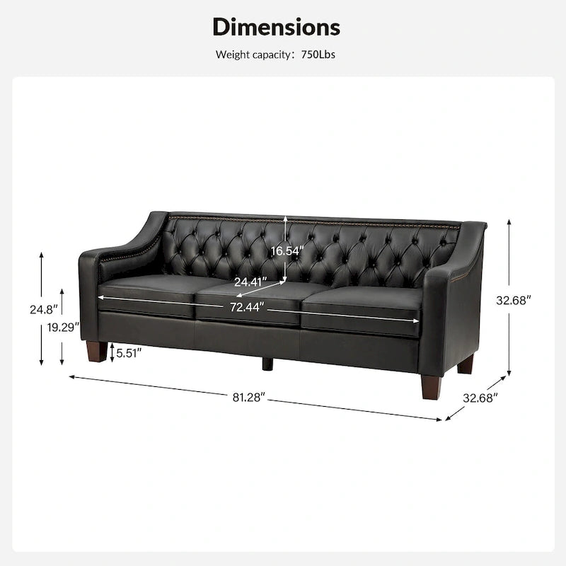 82.28" Wide Transitional Genuine Leather Sofa with Nailhead Trim and Button-Tufted Back