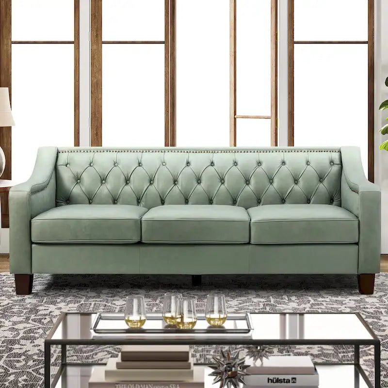 82.28" Wide Transitional Genuine Leather Sofa with Nailhead Trim and Button-Tufted Back