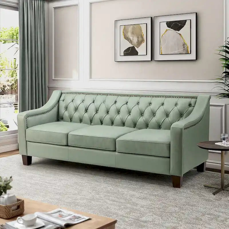 82.28" Wide Transitional Genuine Leather Sofa with Nailhead Trim and Button-Tufted Back