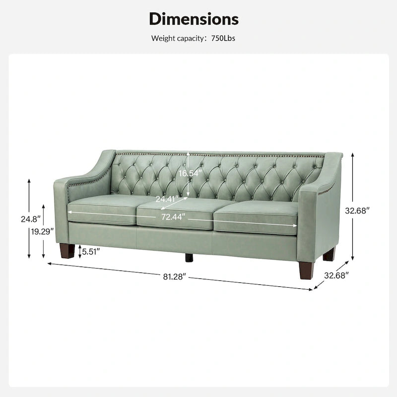 82.28" Wide Transitional Genuine Leather Sofa with Nailhead Trim and Button-Tufted Back