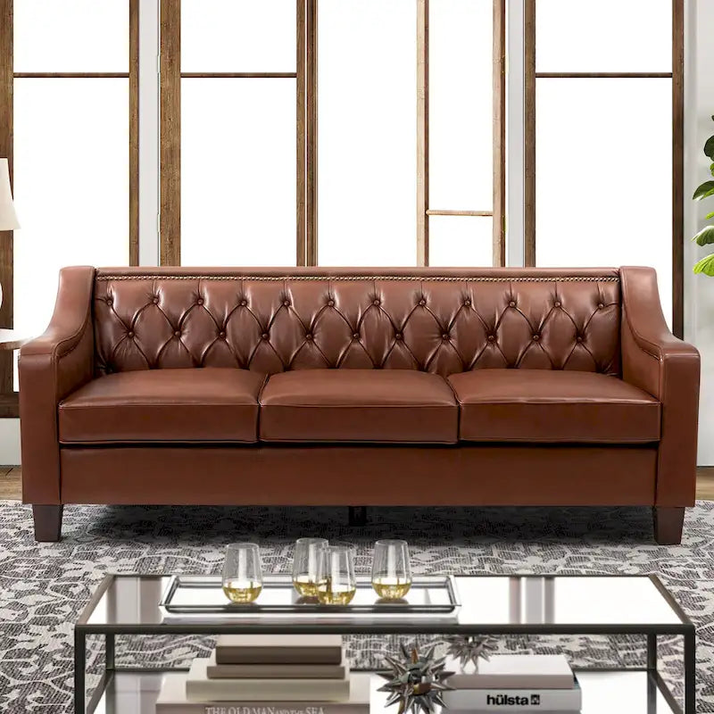 82.28" Wide Transitional Genuine Leather Sofa with Nailhead Trim and Button-Tufted Back