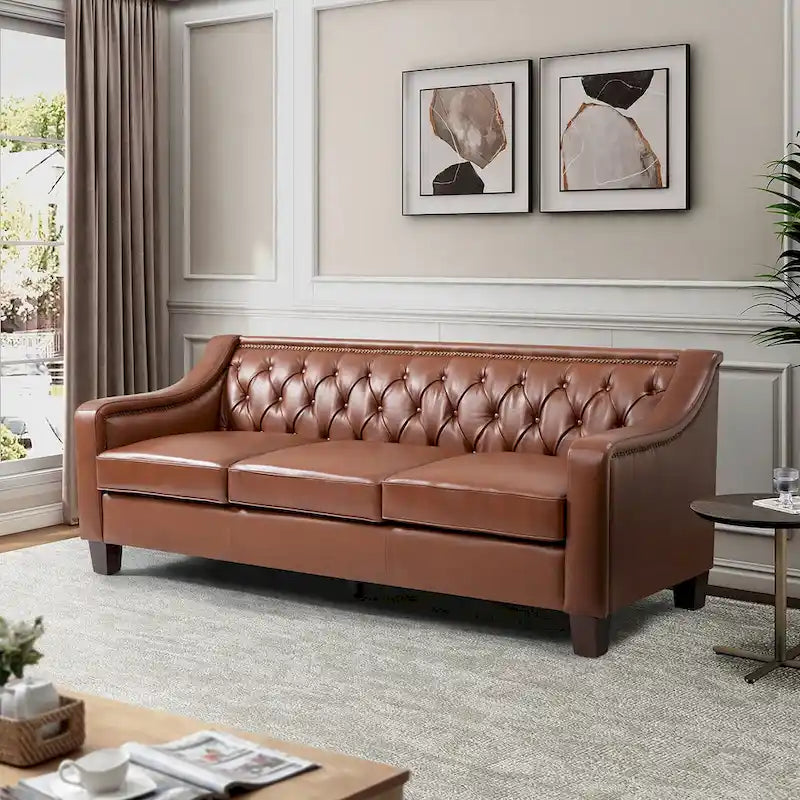 82.28" Wide Transitional Genuine Leather Sofa with Nailhead Trim and Button-Tufted Back