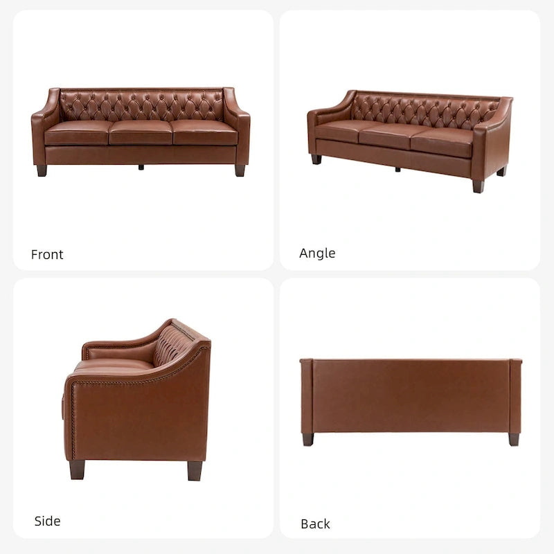 82.28" Wide Transitional Genuine Leather Sofa with Nailhead Trim and Button-Tufted Back