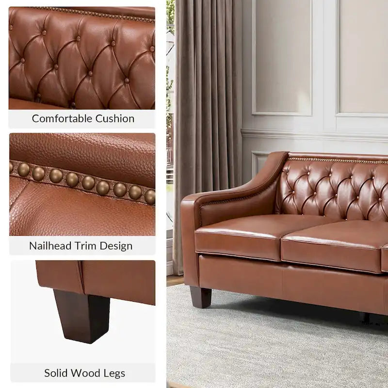 82.28" Wide Transitional Genuine Leather Sofa with Nailhead Trim and Button-Tufted Back