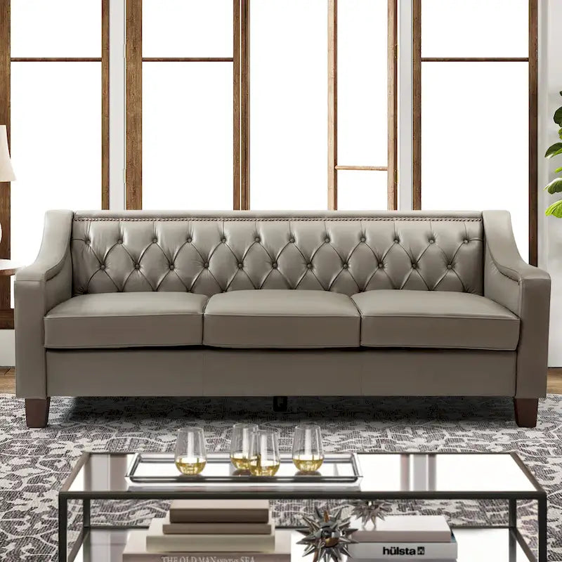 82.28" Wide Transitional Genuine Leather Sofa with Nailhead Trim and Button-Tufted Back
