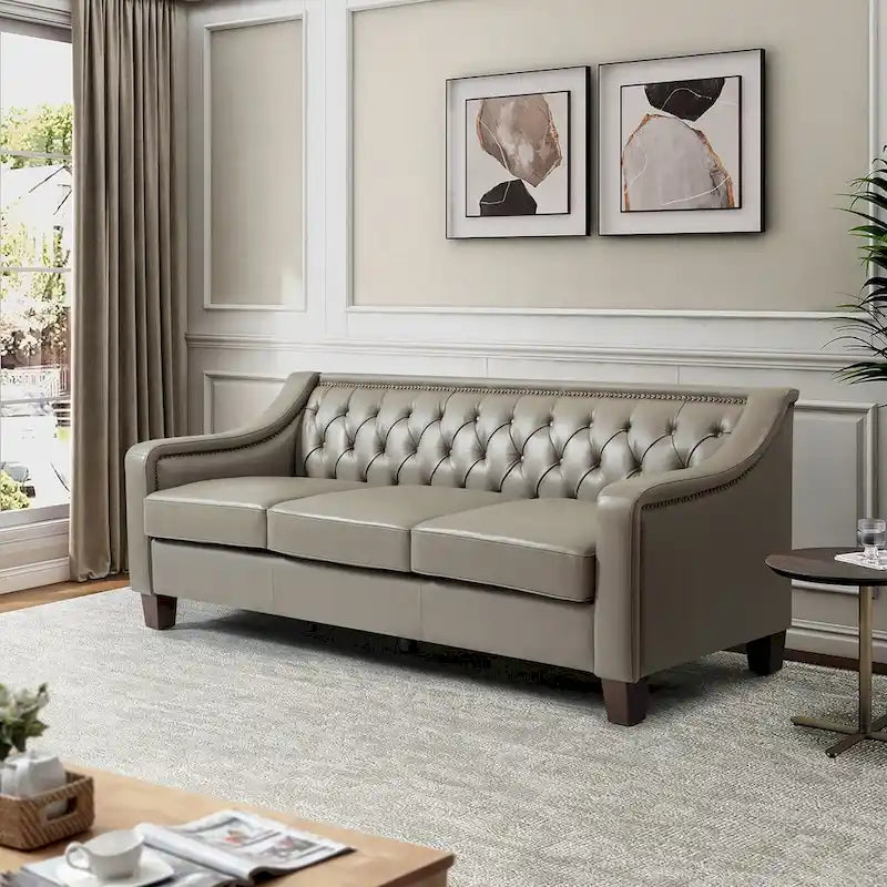 82.28" Wide Transitional Genuine Leather Sofa with Nailhead Trim and Button-Tufted Back