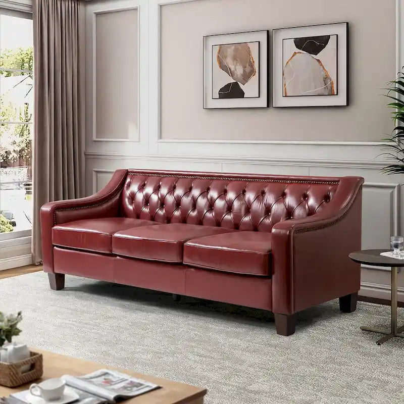 82.28" Wide Transitional Genuine Leather Sofa with Nailhead Trim and Button-Tufted Back