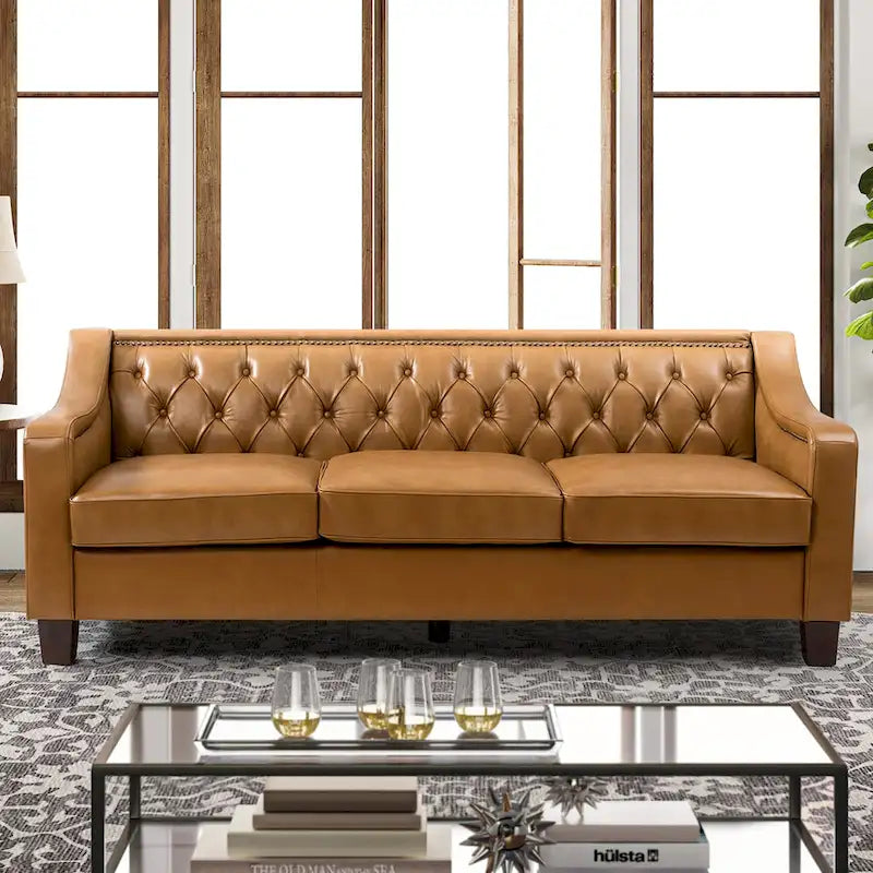 82.28" Wide Transitional Genuine Leather Sofa with Nailhead Trim and Button-Tufted Back