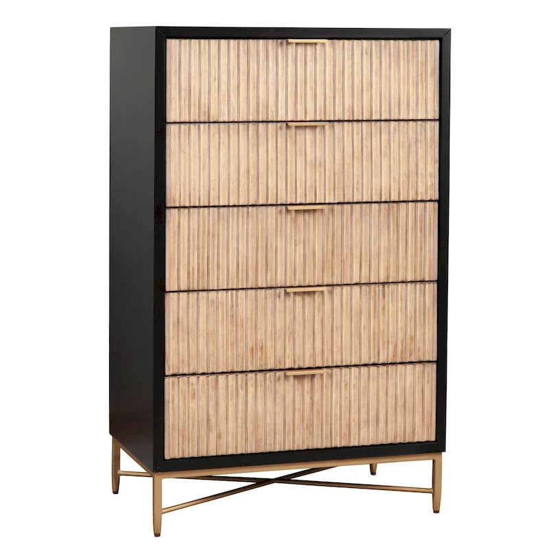5-Drawer Chest with Textured Wood Faces and Gold Accent Legs